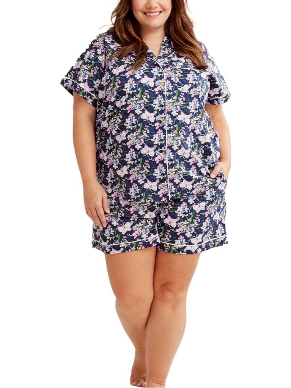 Vera Bradley XL Pajama Set Short Sleeve Button-up Shirt Shorts Bloom Boom Navy - Picture 3 of 12